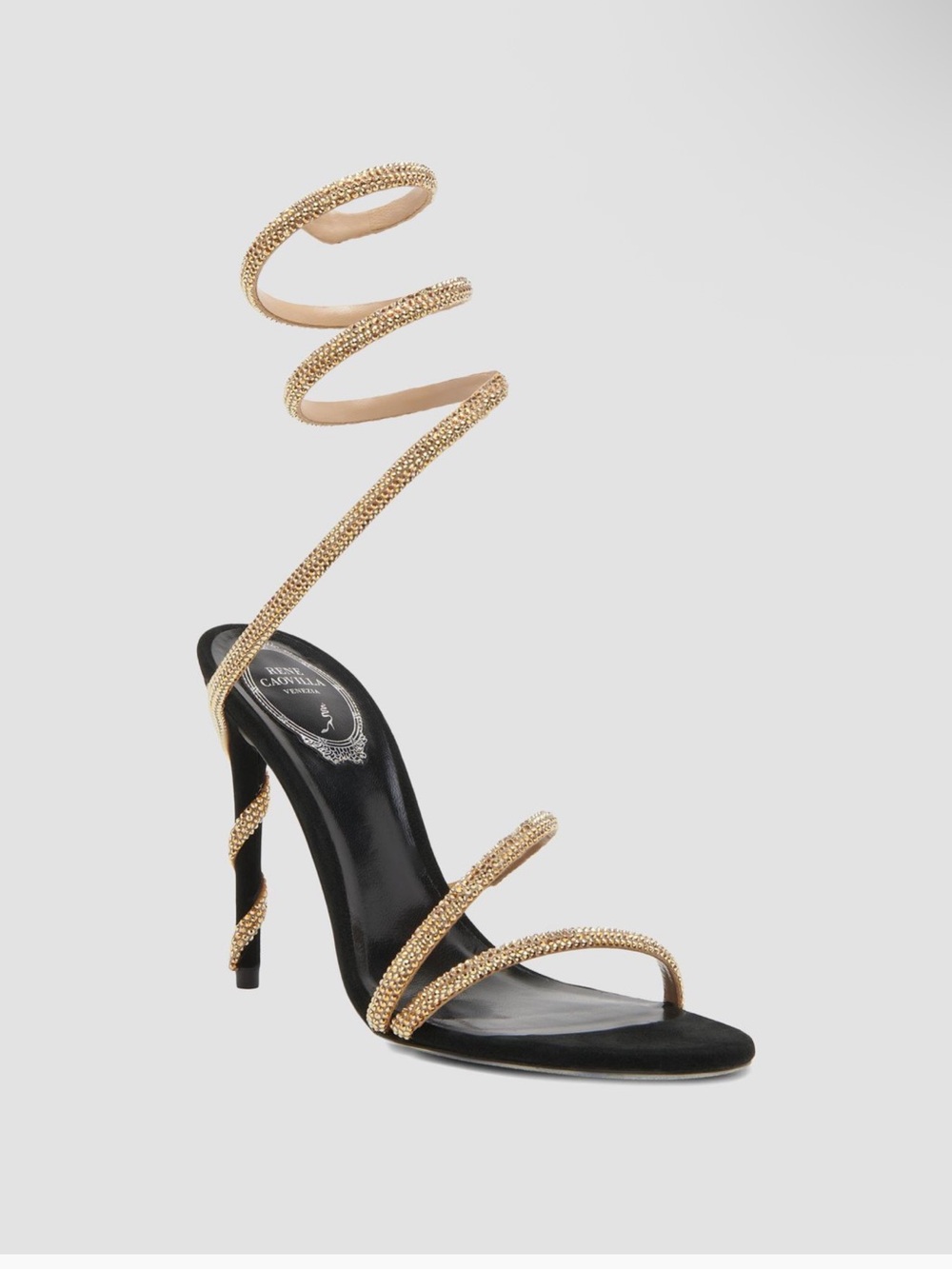 Rene Caovilla Black Sandal with Gold Spiral Wrap